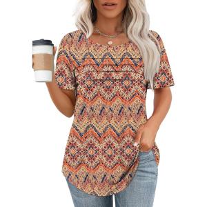 imageXIEERDUO Womens Pleated Tops Dressy Casual Short Sleeve Shirts Fashion Blouses Loose Curved Hem Long Tunic S3XLZ Boho Floral