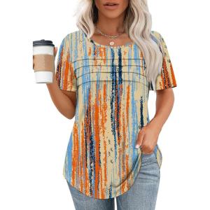 imageXIEERDUO Womens Pleated Tops Dressy Casual Short Sleeve Shirts Fashion Blouses Loose Curved Hem Long Tunic S3XLZ Multicolor