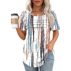 imageXIEERDUO Womens Pleated Tops Dressy Casual Short Sleeve Shirts Fashion Blouses Loose Curved Hem Long Tunic S3XLZ Tie Dye Multi