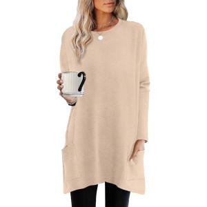 imageXIEERDUO Womens Tunic Tops Long Sleeve Crew Neck High Low Hem Loose Fit Shirts Blouses with PocketsBeige