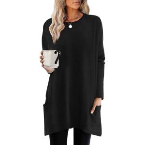 imageXIEERDUO Womens Tunic Tops Long Sleeve Crew Neck High Low Hem Loose Fit Shirts Blouses with PocketsBlack