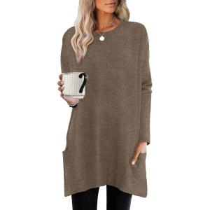 imageXIEERDUO Womens Tunic Tops Long Sleeve Crew Neck High Low Hem Loose Fit Shirts Blouses with PocketsBrown