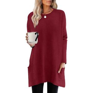 imageXIEERDUO Womens Tunic Tops Long Sleeve Crew Neck High Low Hem Loose Fit Shirts Blouses with PocketsBurgundy