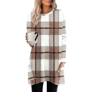 imageXIEERDUO Womens Tunic Tops Long Sleeve Crew Neck High Low Hem Loose Fit Shirts Blouses with PocketsPlaid