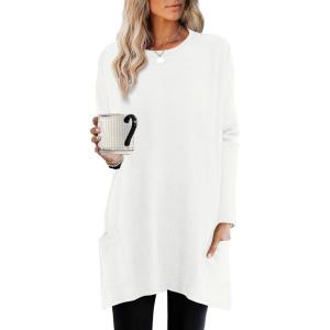 imageXIEERDUO Womens Tunic Tops Long Sleeve Crew Neck High Low Hem Loose Fit Shirts Blouses with PocketsWhite