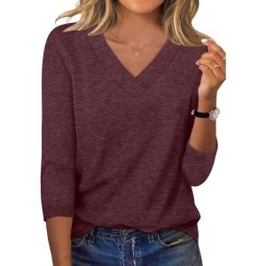 imageXIEERDUO 34 Length Sleeve Womens Tops V Neck Fall Clothes Basic Blouses Dressy Casual 2025 Early Fall Fashion Must HavesBurgundy
