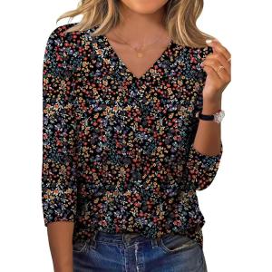 imageXIEERDUO 34 Length Sleeve Womens Tops V Neck Fall Clothes Basic Blouses Dressy Casual 2025 Early Fall Fashion Must HavesPatternedblack Floral