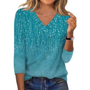 imageXIEERDUO 34 Length Sleeve Womens Tops V Neck Fall Clothes Basic Blouses Dressy Casual 2025 Early Fall Fashion Must HavesPatternedblue Print