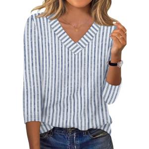 imageXIEERDUO 34 Length Sleeve Womens Tops V Neck Fall Clothes Basic Blouses Dressy Casual 2025 Early Fall Fashion Must HavesPatternedblue Striped