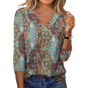 imageXIEERDUO 34 Length Sleeve Womens Tops V Neck Fall Clothes Basic Blouses Dressy Casual 2025 Early Fall Fashion Must HavesPatternedboho Print