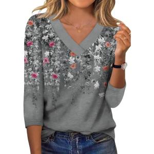 imageXIEERDUO 34 Length Sleeve Womens Tops V Neck Fall Clothes Basic Blouses Dressy Casual 2025 Early Fall Fashion Must HavesPatternedgrey Floral