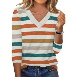 imageXIEERDUO 34 Length Sleeve Womens Tops V Neck Fall Clothes Basic Blouses Dressy Casual 2025 Early Fall Fashion Must HavesPatternedmulticolor Stripe