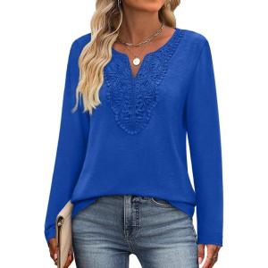 imageXIEERDUO Boho Tops for Women Blouses Dressy Casual V Neck Long Sleeve Shirts Fall Outfits Trendy Vacation ClothesBlue