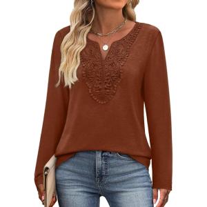 imageXIEERDUO Boho Tops for Women Blouses Dressy Casual V Neck Long Sleeve Shirts Fall Outfits Trendy Vacation ClothesCaramel