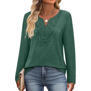 imageXIEERDUO Boho Tops for Women Blouses Dressy Casual V Neck Long Sleeve Shirts Fall Outfits Trendy Vacation ClothesGreen