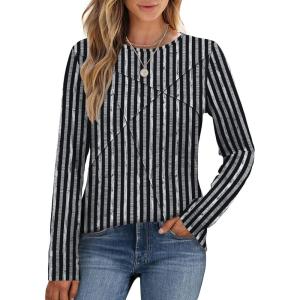 imageXIEERDUO Long Sleeve Shirts for Women Business Casual Tops Trendy Crewneck Fall T Shirts Pleated Loose FitD Black Striped