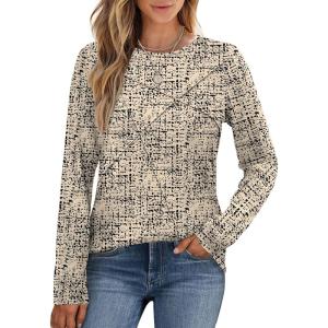 imageXIEERDUO Long Sleeve Shirts for Women Business Casual Tops Trendy Crewneck Fall T Shirts Pleated Loose FitD Print