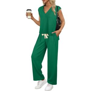 imageXIEERDUO Lounge Sets For Women 2024 Loose Fit Hoodie Open Side Tops And Wide Leg Pants 2 Piece Outfits Sweatsuit Tracksuit07green