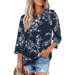 imageXIEERDUO 34 Length Sleeve Tops for Women Business Casual Blouses Slit Side Shirts Blouses Summer Fashion Clothes 2026Floral Navy