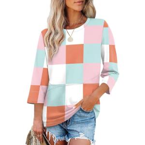 imageXIEERDUO 34 Length Sleeve Tops for Women Business Casual Blouses Slit Side Shirts Blouses Summer Fashion Clothes 2026Plaid Print