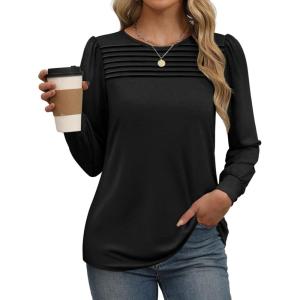 imageXIEERDUO Long Sleeve Shirts for Women 2024 Fall Outfits Trendy Pleated Loose Fit Casual Tunics to wear with LeggingsBlack