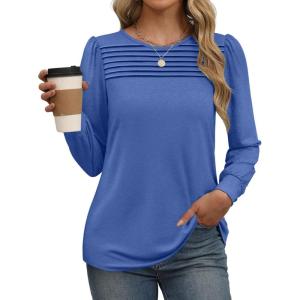 imageXIEERDUO Long Sleeve Shirts for Women 2024 Fall Outfits Trendy Pleated Loose Fit Casual Tunics to wear with LeggingsBlue