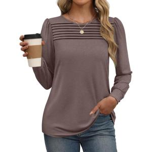 imageXIEERDUO Long Sleeve Shirts for Women 2024 Fall Outfits Trendy Pleated Loose Fit Casual Tunics to wear with LeggingsCoffee