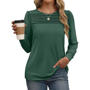 imageXIEERDUO Long Sleeve Shirts for Women 2024 Fall Outfits Trendy Pleated Loose Fit Casual Tunics to wear with LeggingsGrass Green