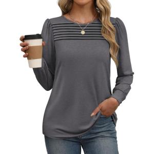 imageXIEERDUO Long Sleeve Shirts for Women 2024 Fall Outfits Trendy Pleated Loose Fit Casual Tunics to wear with LeggingsGrey