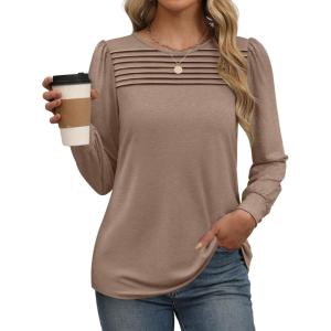 imageXIEERDUO Long Sleeve Shirts for Women 2024 Fall Outfits Trendy Pleated Loose Fit Casual Tunics to wear with LeggingsKhaki Brown