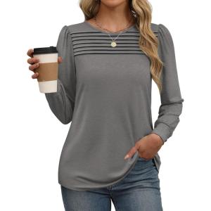 imageXIEERDUO Long Sleeve Shirts for Women 2024 Fall Outfits Trendy Pleated Loose Fit Casual Tunics to wear with LeggingsLight Grey