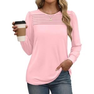 imageXIEERDUO Long Sleeve Shirts for Women 2024 Fall Outfits Trendy Pleated Loose Fit Casual Tunics to wear with LeggingsLight Pink