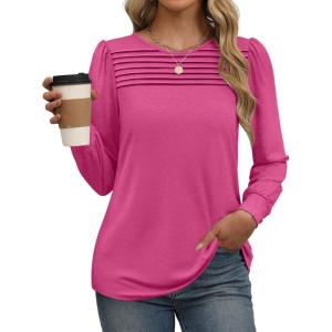 imageXIEERDUO Long Sleeve Shirts for Women 2024 Fall Outfits Trendy Pleated Loose Fit Casual Tunics to wear with LeggingsPink
