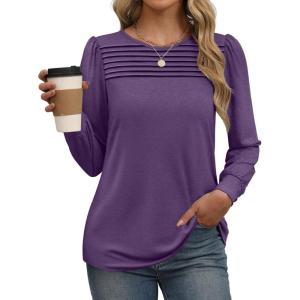 imageXIEERDUO Long Sleeve Shirts for Women 2024 Fall Outfits Trendy Pleated Loose Fit Casual Tunics to wear with LeggingsPurple