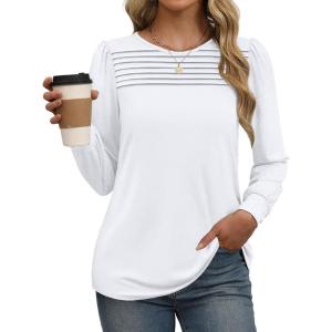 imageXIEERDUO Long Sleeve Shirts for Women 2024 Fall Outfits Trendy Pleated Loose Fit Casual Tunics to wear with LeggingsWhite