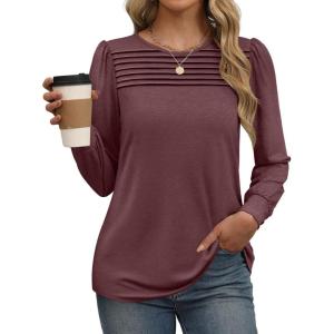 imageXIEERDUO Long Sleeve Shirts for Women 2024 Fall Outfits Trendy Pleated Loose Fit Casual Tunics to wear with LeggingsWine