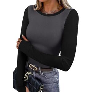 imageXIEERDUO Long Sleeve Thermal Shirt for Women Fleece Slim Fit Tops Crewneck Basic TShirts with Thumb Holes Fall Fashion 2025Colorblockgrayblack