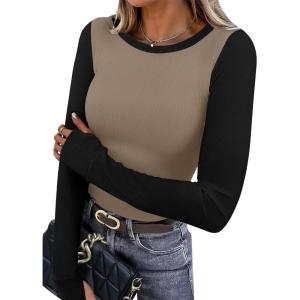 imageXIEERDUO Long Sleeve Thermal Shirt for Women Fleece Slim Fit Tops Crewneck Basic TShirts with Thumb Holes Fall Fashion 2025Colorblockkhakiblack