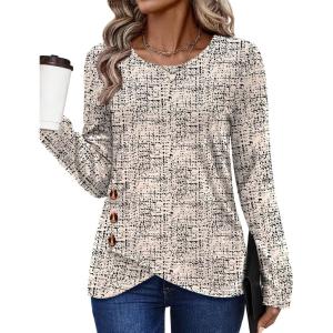 imageXIEERDUO Tunic Sweaters for Women Long Sleeve Shirts Crew Neck Tops with Buttons Fall Fashion Outfits Winter ClothingBeige Black Dots