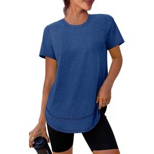 imageWomens Workout Tops Short Sleeve Shirts with Sun Protection UPF 50 Quick Dry Outfits for Hiking Running S3XL05 Navy Blue