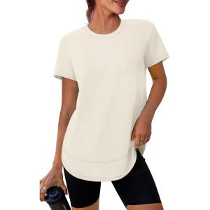imageWomens Workout Tops Short Sleeve Shirts with Sun Protection UPF 50 Quick Dry Outfits for Hiking Running S3XL07 Cream White