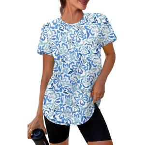 imageWomens Workout Tops Short Sleeve Shirts with Sun Protection UPF 50 Quick Dry Outfits for Hiking Running S3XL23 Blue White Floral