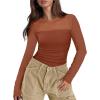 imageXIEERDUO Womens Sexy Sheer Long Sleeve Tops Crew Neck Mesh Ruched Going Out Shirts Blouse Date Night OutfitsCaramel Mesh