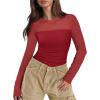 imageXIEERDUO Womens Sexy Sheer Long Sleeve Tops Crew Neck Mesh Ruched Going Out Shirts Blouse Date Night OutfitsMesh Red