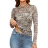 imageXIEERDUO Womens Sexy Sheer Long Sleeve Tops Crew Neck Mesh Ruched Going Out Shirts Blouse Date Night OutfitsZ Print Beige