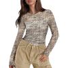 imageXIEERDUO Womens Sexy Sheer Long Sleeve Tops Crew Neck Mesh Ruched Going Out Shirts Blouse Date Night OutfitsZ Print Beige