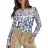 imageXIEERDUO Womens Sexy Sheer Long Sleeve Tops Crew Neck Mesh Ruched Going Out Shirts Blouse Date Night OutfitsZ Print Blue
