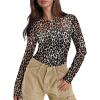 imageXIEERDUO Womens Sexy Sheer Long Sleeve Tops Crew Neck Mesh Ruched Going Out Shirts Blouse Date Night OutfitsZ Print Leopard