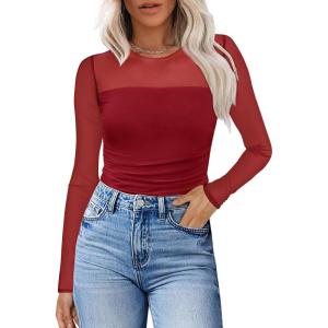 imageXIEERDUO Womens Sexy Sheer Long Sleeve Tops Crew Neck Mesh Ruched Going Out Shirts Blouse Date Night OutfitsMesh Red