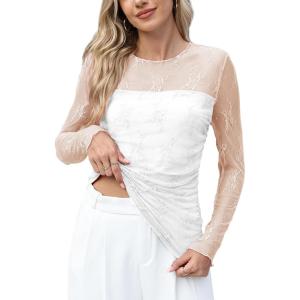 imageXIEERDUO Womens Sexy Sheer Long Sleeve Tops Crew Neck Mesh Ruched Going Out Shirts Blouse Date Night OutfitsZ Lace White